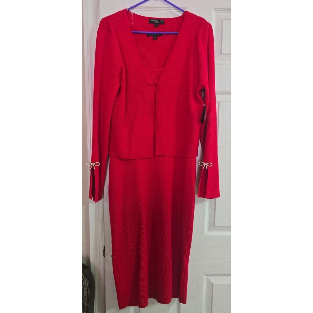 Absolutely Famous NWT Red Ribbed Midi Dress Cardigan Set Rhinestone Bow XL